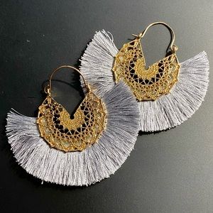 *new* golden fringe boho hoop earrings light blue golden filigree gypsy